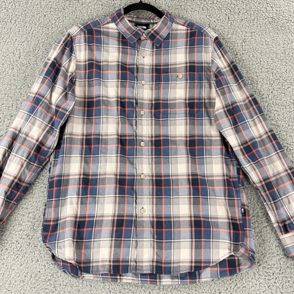 The North‎ Face Button-Up Shirt Mens Medium Blue Plaid Long Sleeve Cotton Casual